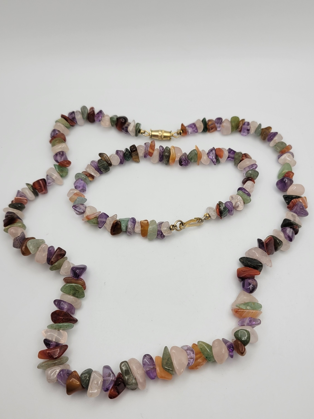 Gemstone Chip Necklace & Bracelet Rose Quartz, Amethyst, Carnelian, Aventurine